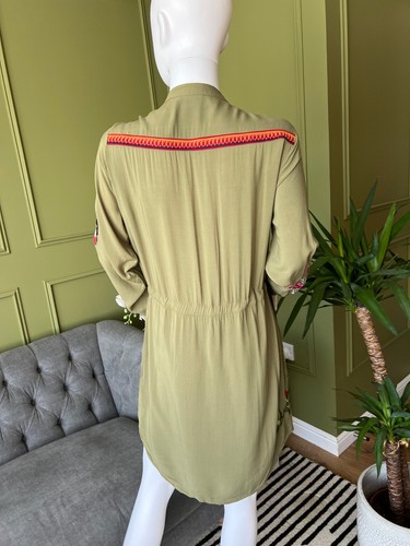 DESIGUAL Dress Khaki Green Button Front Butterfly Floral Patches EU 40 UK 14 - Picture 6 of 9
