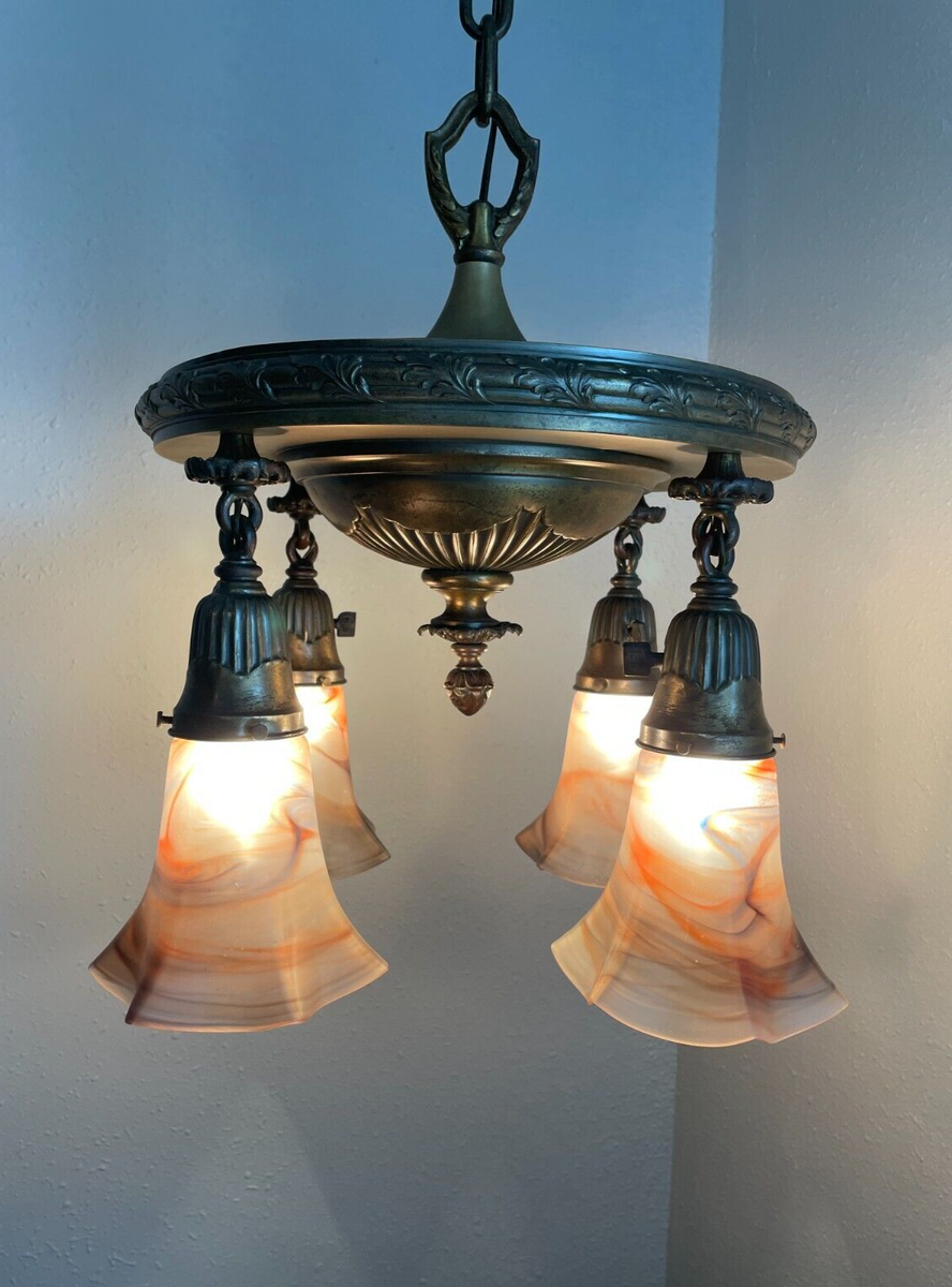 Gorgeous signed 1912 four light brass chandelier, Beardslee