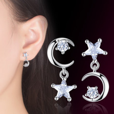 S925 Sterling Silver Star Moon Anniversary Stud Earrings Cubic Zirconia Gift J9