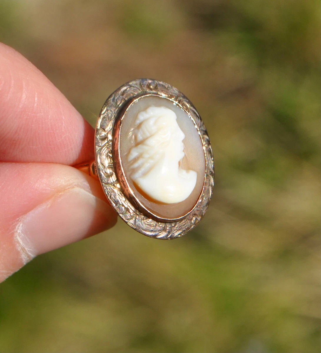Antique VTG Handmade 10k Solid Gold Cameo Ring Woman Face Profile