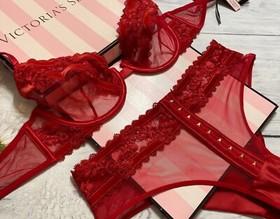 Victoria's Secret LUXE LINGERIE Unlined Demi Bra Cheeky Set Velvet Trim Red 