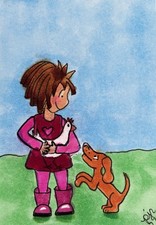 ACEO “My Best Friends” Original Mini Painting By Artist PJR Little Patty Puppy