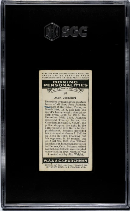 1938 Churchman's Cigarettes #20 Jack Johnson Boxing Personalities (SGC 1.5) - Image 2 of 2