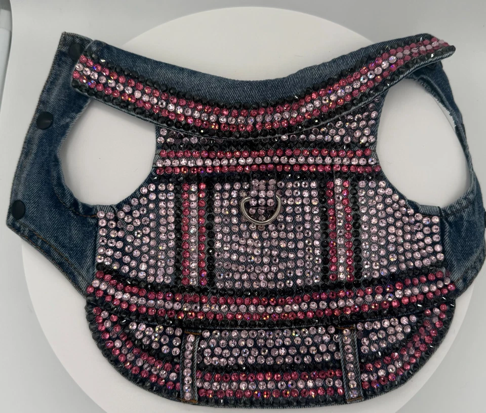DOG BLING Rose, Lt Rose and Black Rhinestone Denim Jacket w/Harness-Leash Ring - Image 2 of 4