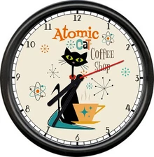 Atomic Cat Retro Coffee Shop Mid Century Modern Starburst Decor Hippy Wall Clock