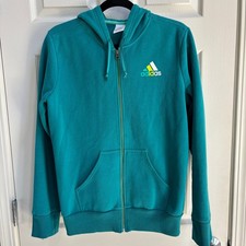 Adidas Womens Full Zip Fleece Hoodie Teal Green Logo Thumbhole Sweatshirt L