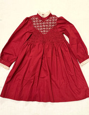 VTG Polly Flinders size 6X hand smocked long sleeve red dress tie back buttons