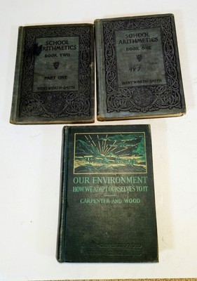 (3) Antique Books 1920s School Of Arithmetic Vol 1 & 2, and ''Our Environment'' VG