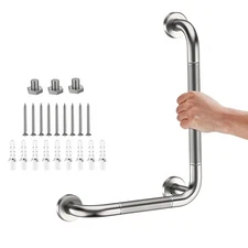 L-Shaped Angled Grab Bar 12x16 Inch Brushed Nickel Anti-slip Knurled Shower H...