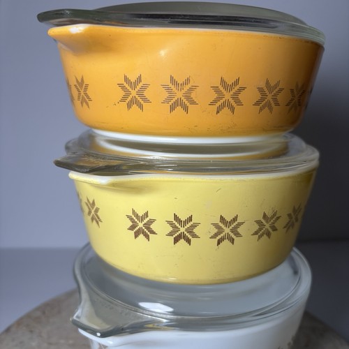 Vtg Pyrex Town & Country Cross Stitch Star Casseroles & Lids #471 472 473 Set - Picture 5 of 19