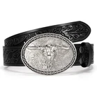 Western Leather Belt for Men Women Floral Engraved Cowboy Belt Longhorn Bull ...