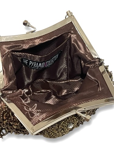 Vintage Style Brown Beaded Evening Bag w/ Chain Strap Kiss Clasp - Picture 6 of 11