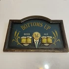 Vintage "Bottoms Up" Wooden Beer Ale Pub Sign - Man Cave Bar Wall Decor