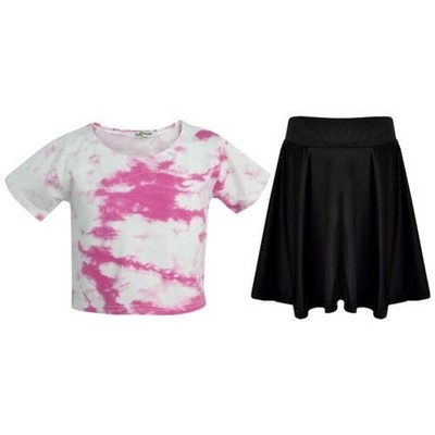 Kids Girls Crop Top & Skirt Pink Tie Dye Print Summer Outfit Clothing Sets