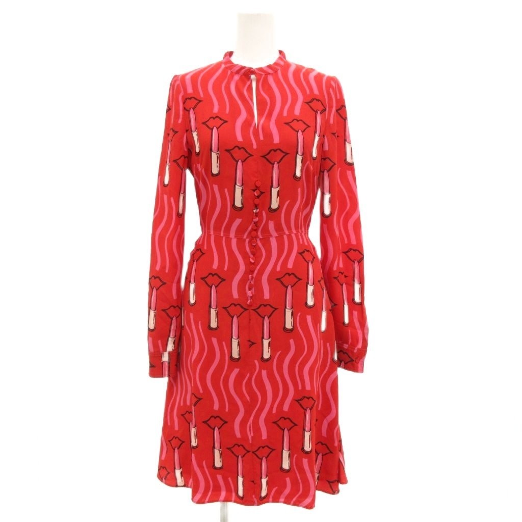 VALENTINO LIPSTICK WAVE PRINTED SILK FLARE DRESS Long Sleeves silk Size 38 Auth