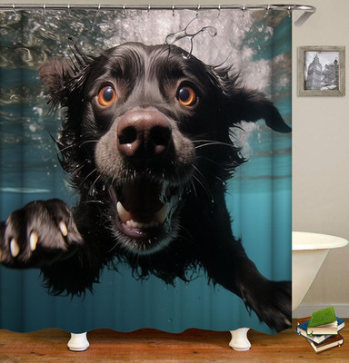 Funny Dog Shower Curtains Set, Cute Pet Swimming in Blue Ocean | Black Lab Dog P