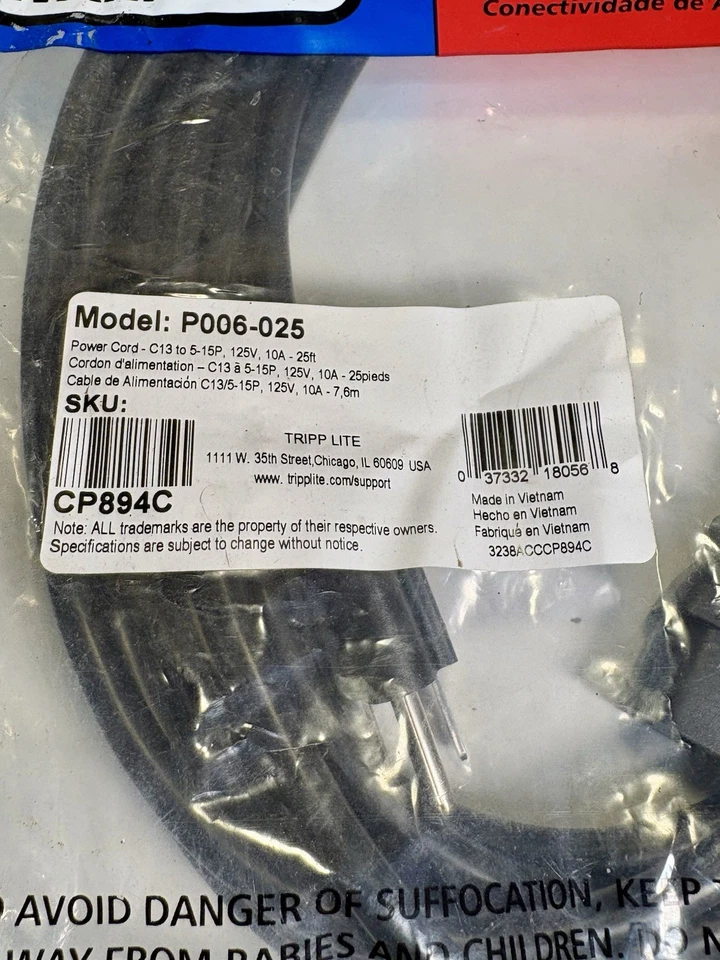 Heavy Duty Tripp Lite 25ft Computer AC Power Cord P006-025 125v 10A C13 To 5-15p - Image 4 of 4