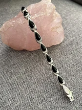 925 Sterling & Black Onyx Teardrop 7” Bracelet Signed FAS 925 Slide Closure