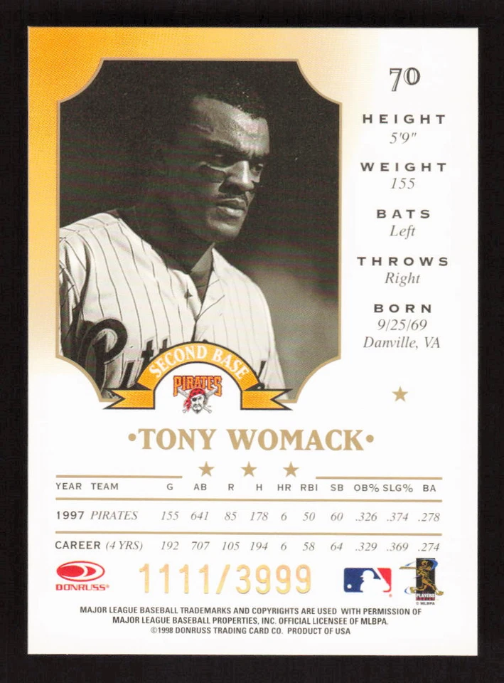 Tony Womack 1998 Leaf Fractal Foundations #70 Pittsburgh Pirates /3999 - Image 2 of 2