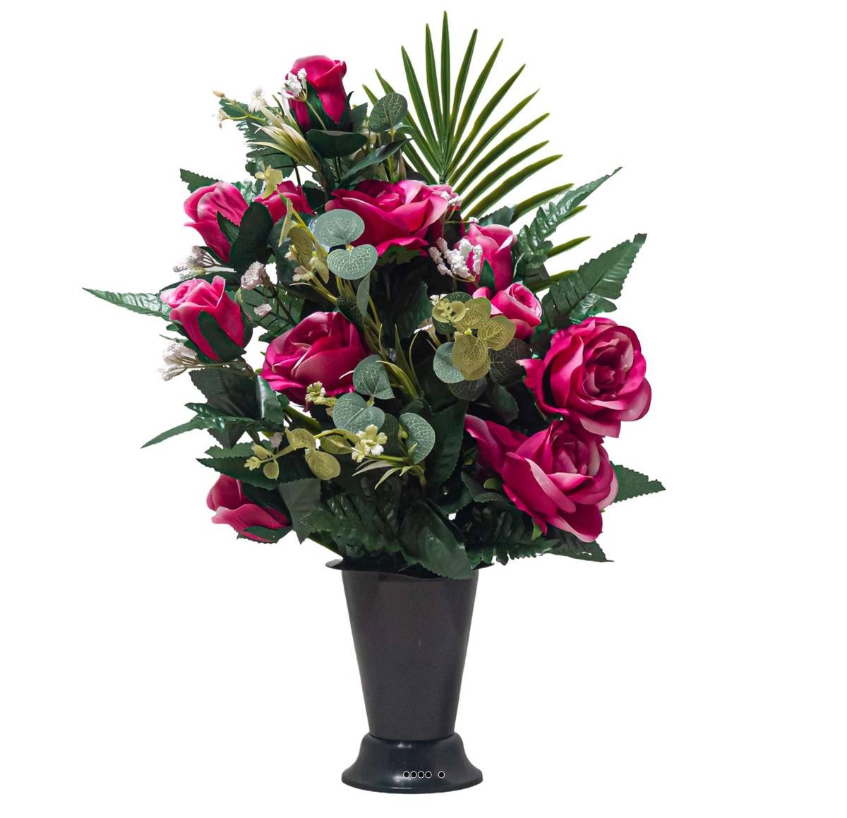 Roses artificielles fushia en pot cône pour cimetière H57cm