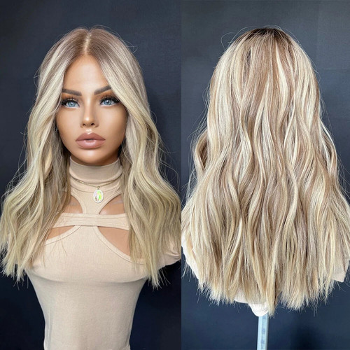 100% Human Hair Ombre Ash Blonde with Sandy Blonde Highlight Lace Front Wave Wig - Picture 3 of 5