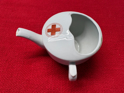 Antique Sick / Baby Feeding Feeder Pitcher Pot White w Red Cross inside 2 circle