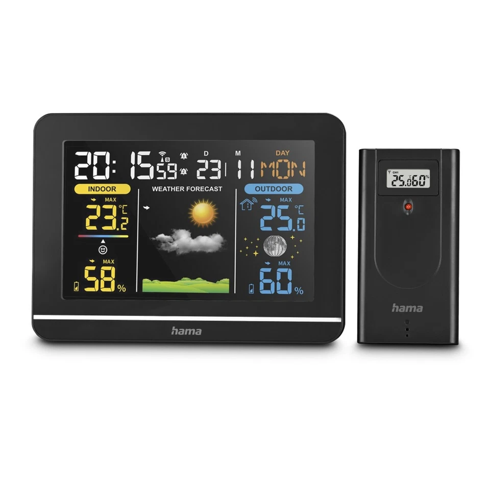 Hama Funk-Wetterstation Außensensor Hygrometer Farbdisplay Uhr Wettervorhersage - Bild 1 von 4