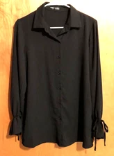 Shein Blouse, Size 4 Black Long Sleeve w/Ruffle & Tie at Cuffs, Button Front