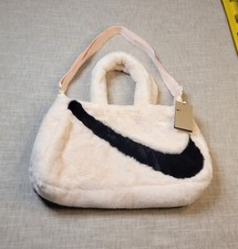 Nike Tote Crossbody Bag 10l Faux Fur Plush Light Pink Black Big Swoosh Logo