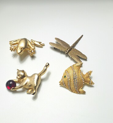 Vintage Gold/Brass Tone Stone Animal Brooch Pin Lot of
