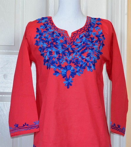 Blau bestickt rot Farbe Long Baumwolle Tunika Top Kurti aus Indien!! - Bild 3 von 5