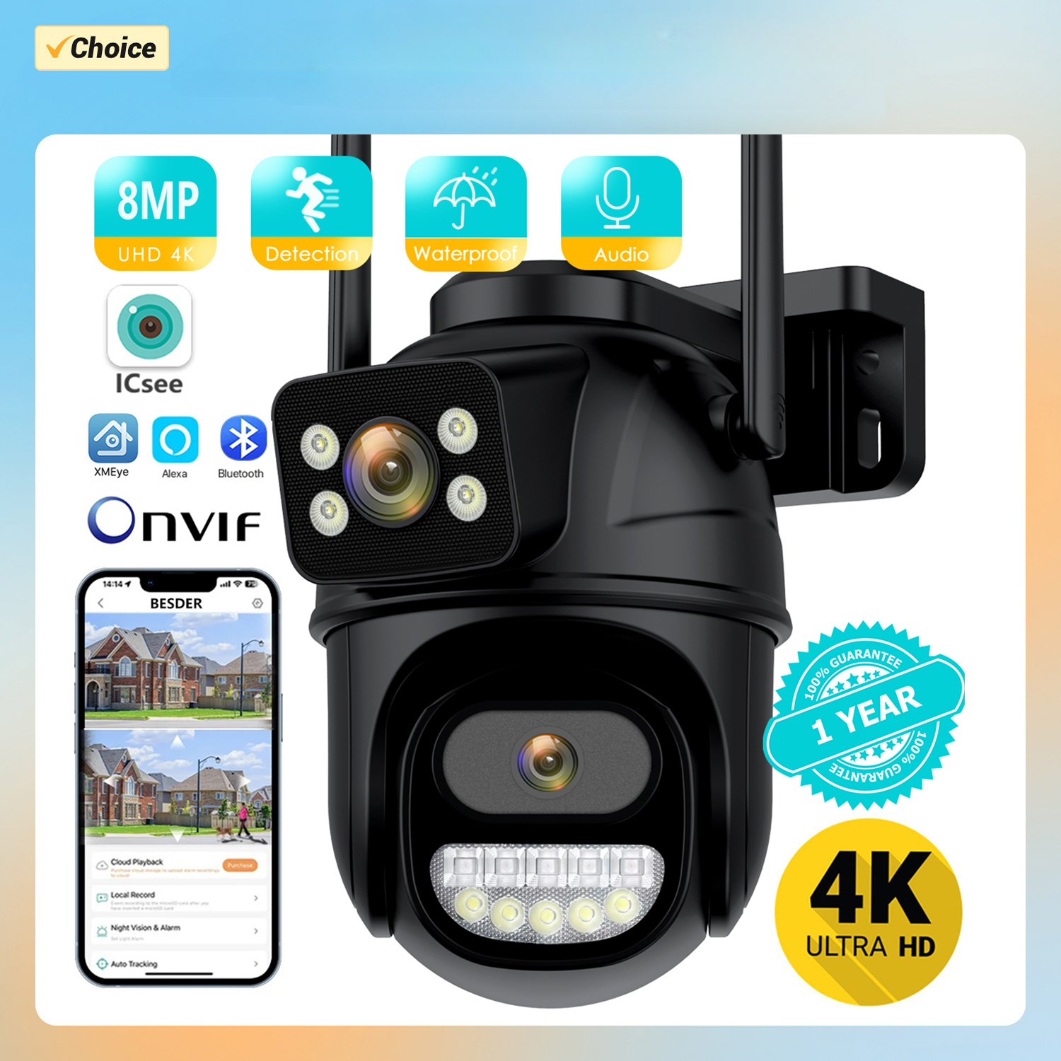 4K 8MP WIFI Camera Dual Lens Dual Screen Auto Tracking Security Protection ICSee