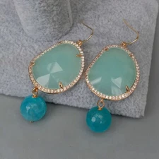 Agate Cubic Zirconia Pave Bezel Set Green Crystal Dangle Hook Earrings