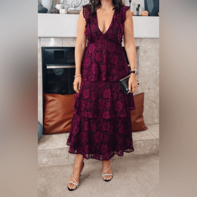 chinese dress ladies Strapless Burgundy Tiered Long Dress with Slit – PollyBoutique main image 1