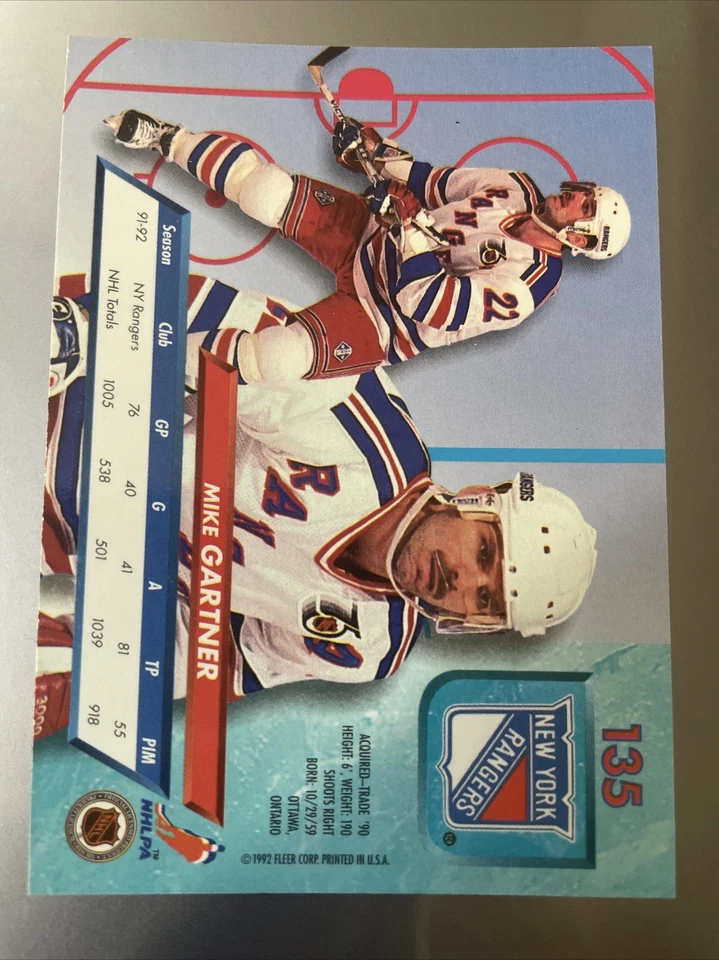 1992-93 Ultra Rangers Hockey Card #135 Mike Gartner - Image 2 of 2