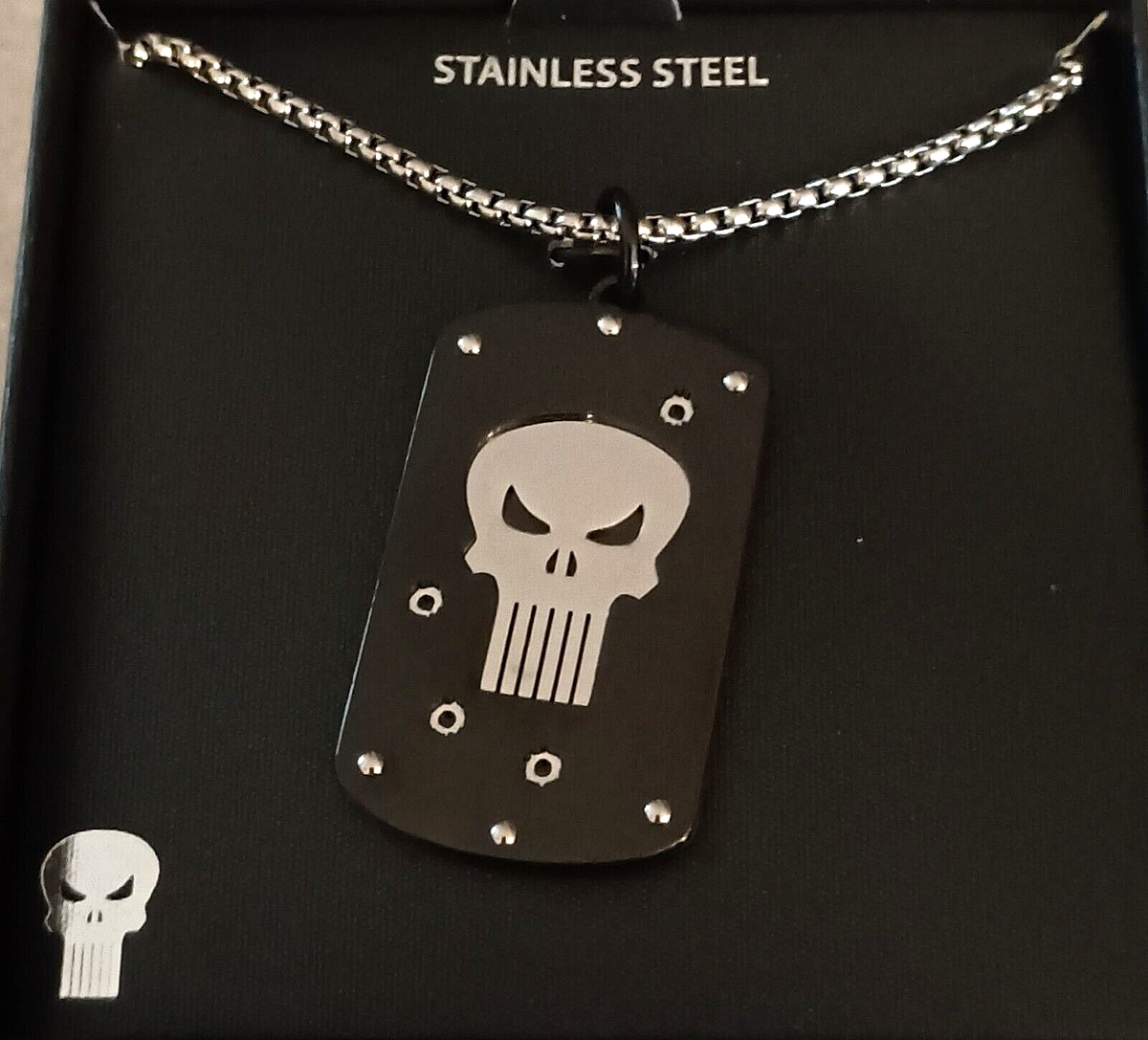 Marvel The Punisher Faux Bullet Holes Dog Tag SS Necklace Pendant