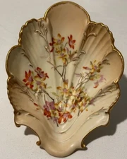 Antique R.W. Royal Rudolstadt Germany Hand Painted Floral Shell Dish Gold Rim