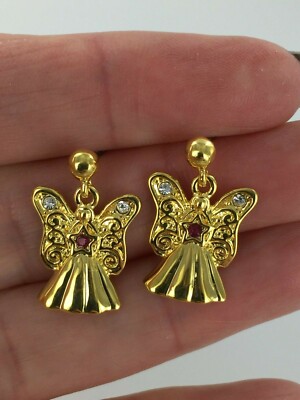 Beautiful Angel Earrings with Ruby Color & Clear Crystal Accents Brass Goldtone
