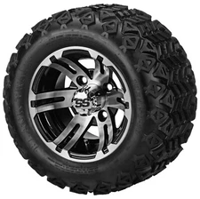 (4) Golf Cart 18x9.50-10 Black Trail A/T Tire on 10x7 Black/Machined Epic Wheels