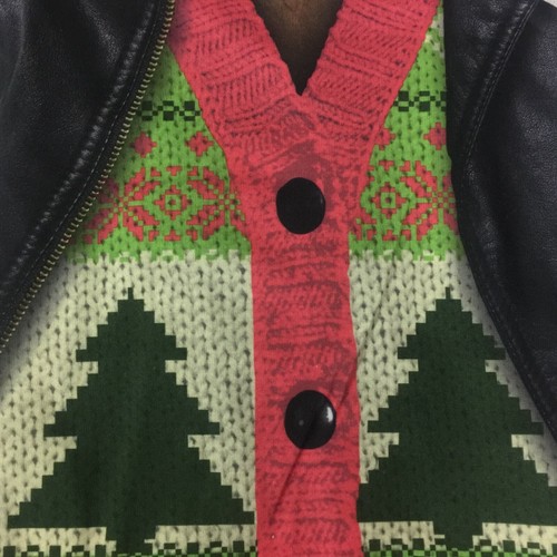 Men's LARGE Ugly Xmas Sweater Faux Noel Biker Hairy Belly Wiener Cardigan Santa - Picture 15 of 59