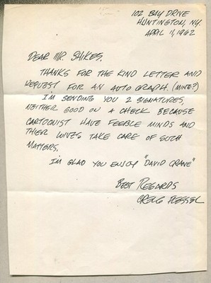 1962 Creig Flessel Comic Artist Handwritten Signed Letter to Peter B. Shikes A1