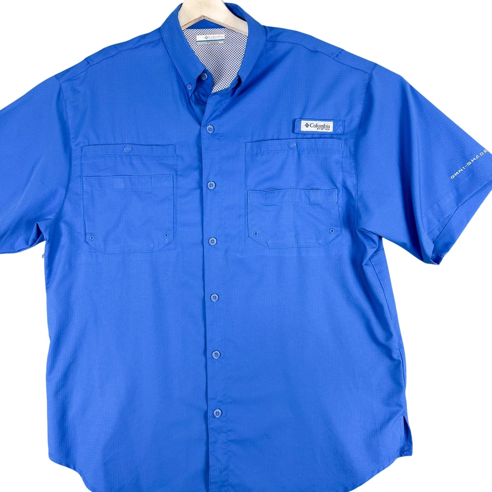 Columbia PFG Shirt Mens Medium Blue Omni-Shade UPF Fishing Vented Short Sleeve