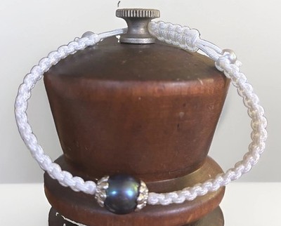 Boho Faux Black Pearl Macrame Bracelet   White Woven Cord Adjustable Bracelet,