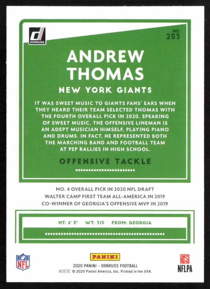 2020 Donruss Andrew Thomas #253 Rookie New York Giants - Image 2 of 2