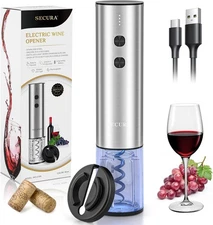 Secura Stainless Steel Electric Wine Opener, Rechargeable Automatic Wine Bottle 