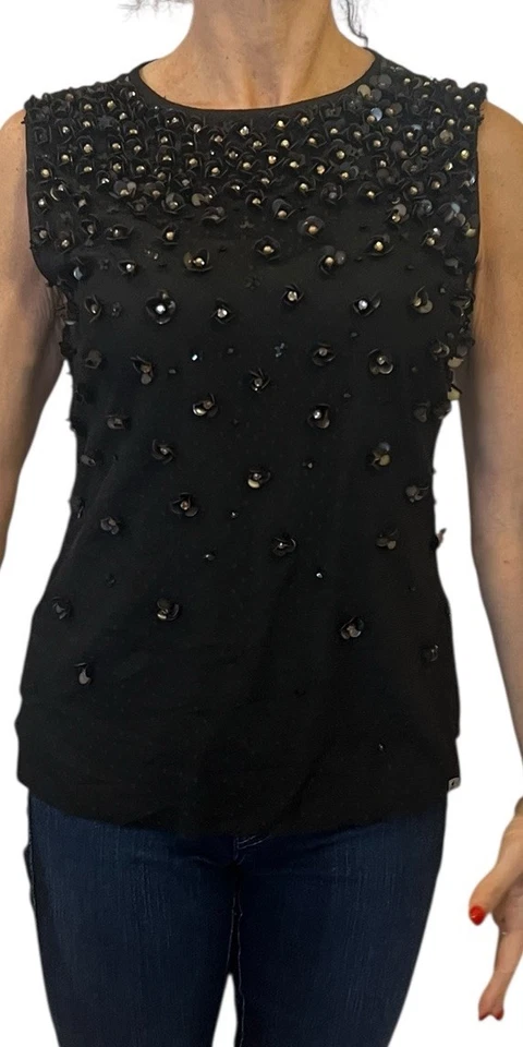 Blusa Top RED VALENTINO Negra Floral Lentejuelas Adornada Malla Tul Sin Mangas S Foto 3 de 4