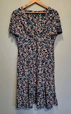 Y2K Brown Blue Polkadot  Babydoll Stretchy Y2K Office Midi Dress Chaps Sz L