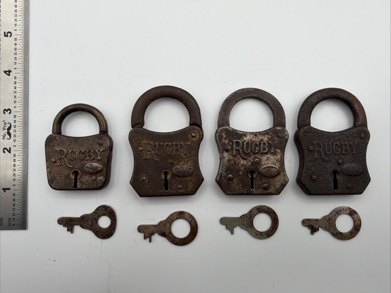 4 Antique/Vintage Miller "RUGBY" Padlocks w/ Keys Strong Springs
