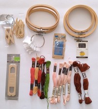 Embroidery Cross Stitch Supplies Lot 4 Small Wood Hoops Floss Bobbins Yarn Bobs
