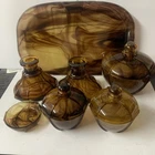Davidson Amber Cloud Glass Dressing Table Set. (330) (rare Candle Sticks)